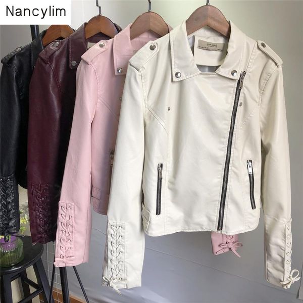 

2019 spring autumn new slim fit leather jacket female women pink long sleeve lapel pu leather locomotive jacket coat students, Black