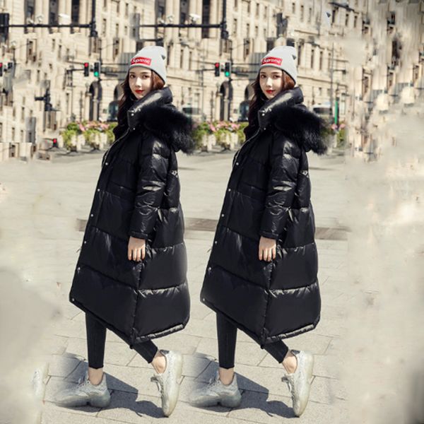 

korean style long shiny white duck down jackets women jackets loose big real fur collar winter coats lady thick warm outwear, Black