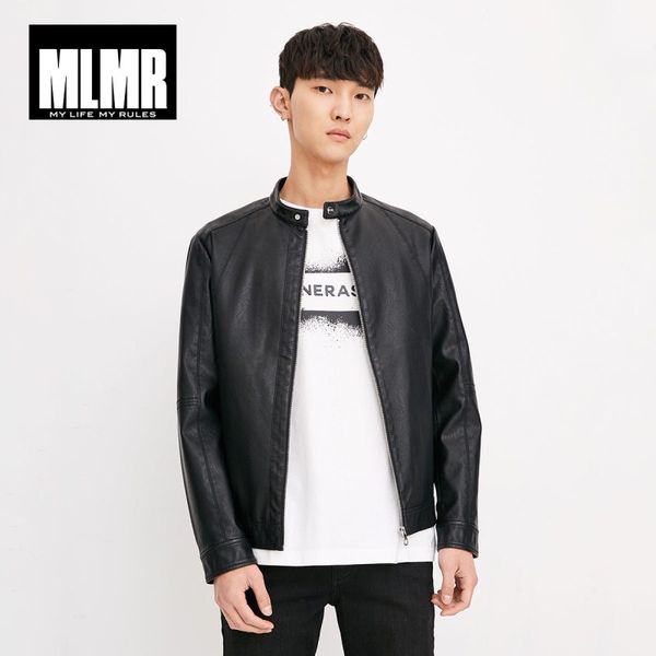 

mlmr men's autumn zip-through front artificial leather biker jacket m|218321534, Black