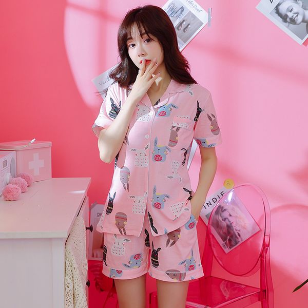 

summer women pajama set short sleeve pure cotton sleepwear female casual lapel cardigan patten print leisure pyjamas set 18001, Blue;gray
