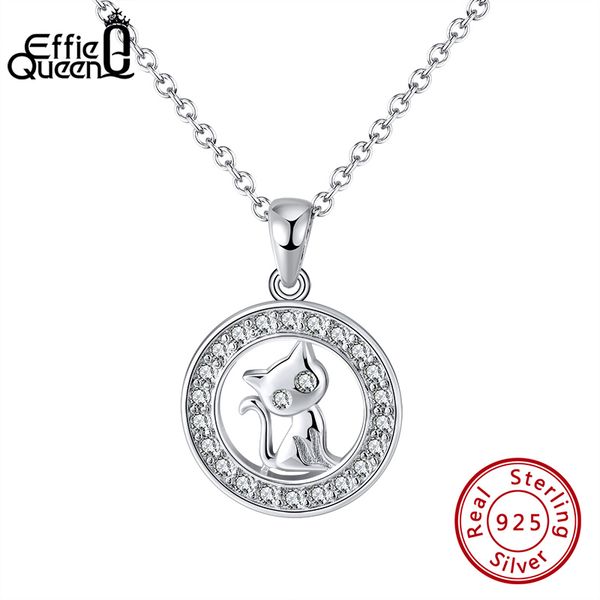 

effie queen pure 925 sterling silver women cute cat round pendant necklaces zircon party jewelry birthday gifts ksn228