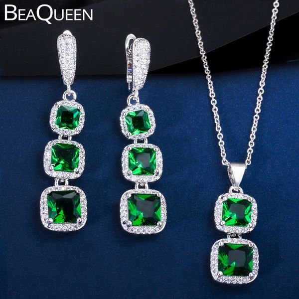 

beaqueen fashion cubic zirconia crystal square drop earrings pendant necklace green jewelry sets for women party jewellery js205, Silver