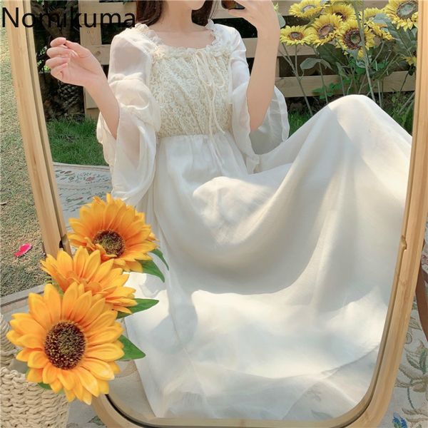 

nomikuma chiffon sweet korean dresses ruffle 3/4 sleeve lace up square collar vestidos 2020 summer slim waist women dress 6b070, Black;gray
