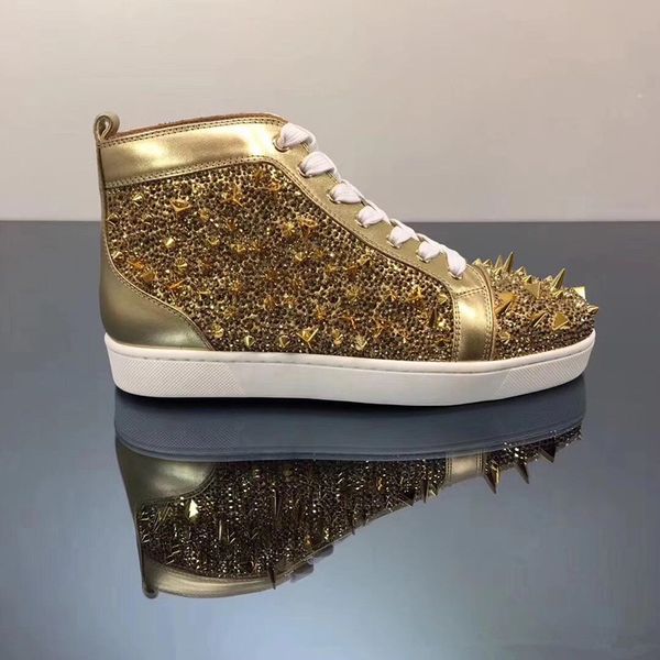 

gold leather+gold mix spikes high red bottom shoes sneakers for women,men famous casual walking party trainers with box, Black