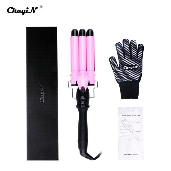 

lcd display 3 sizes 22 25 32mm ceramic curling iron triple barrels wave curler hair curler waver roller wand deep big wave 4445