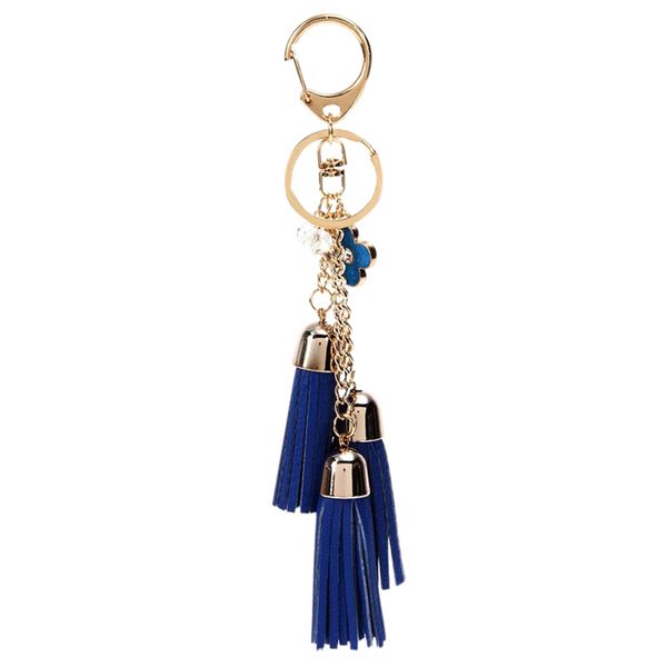 

women pu leather long tassel flower keychain keyring bag purse phone pendant gift(blue, Silver