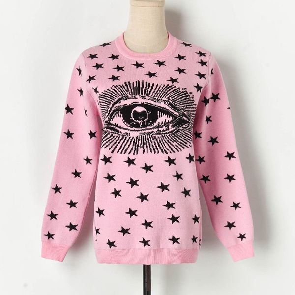 

new 2020 fashion sweaters knitted cute cartoon eye jacquard stars sweet lady's pullovers female o-neck chic outerwear basic, White;black