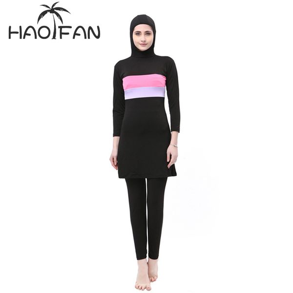 

haofan women stripe printed muslim swimwear hijab muslimah islamic plus size swimsuit swim surf wear sport burkinis 5xl