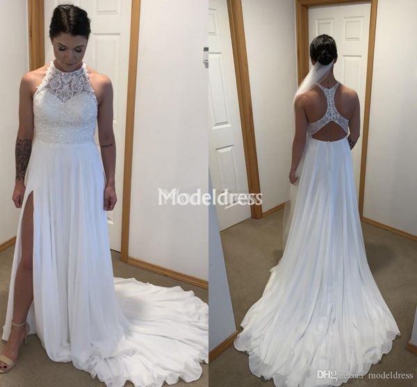 

beach bohemian lace wedding dresses jewel neck beads high side split sweep train beach wedding dress bridal gown vestidoe de noiva robe, White