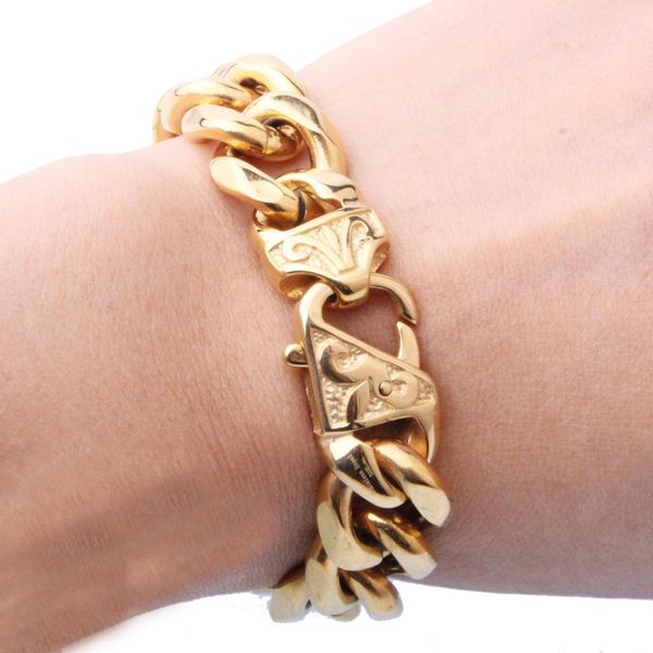 

new fashion 12/15mm heavy men's bracelet curb cuban link gold color 316l stainless steel wristband male jewelry 7-10 inch, Black