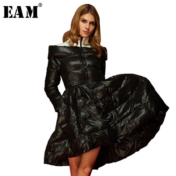 

eam] loose fit mixed color big hem down jacket new stand long sleeve warm women parkas fashion tide autumn winter 2019 1a385, Black
