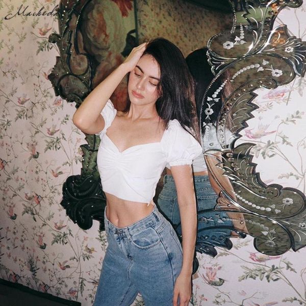 

women's t-shirt macheda summer vintage low cut crop women solid slim short puff sleeve lady casual simple tees 2021, White