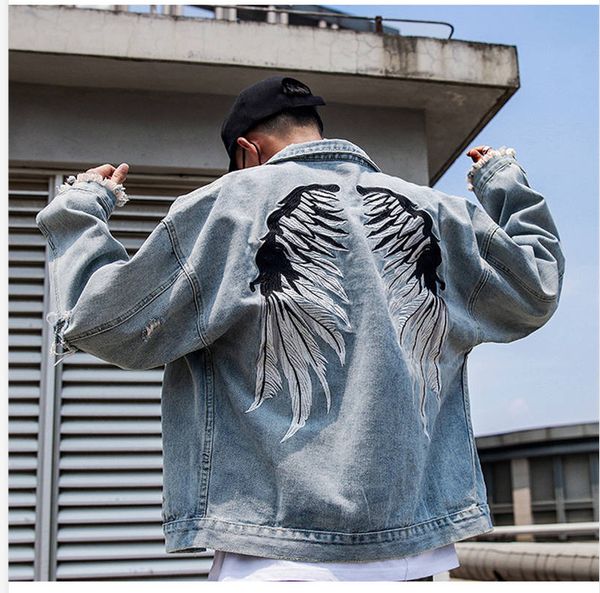 

new mens designer jeans jacket men 2020 streets wing embroidery denim coat male hole jean coat jackets hip hop outwear, Black;brown