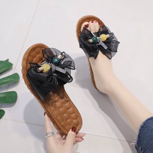 

slippers women bowknot fashion 2020 new summer casual cow muscle bottom beach shoes pregnant women soft bottom non-slip sandals, Black