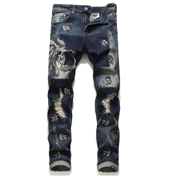 

men's indians embroidery jeans straight slim designer fashion retro ripped stretch jeans #886, Blue