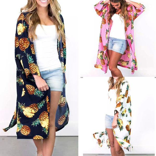 

women Â women summer pineapple print bohemian kimono cardigans blouse cover ups 2019 beach dresses, Blue;gray