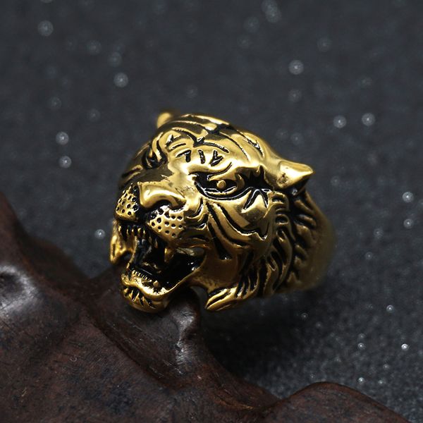 

gold stainless steel men's ring vintage gothic tribal biker tiger head band, Golden;silver
