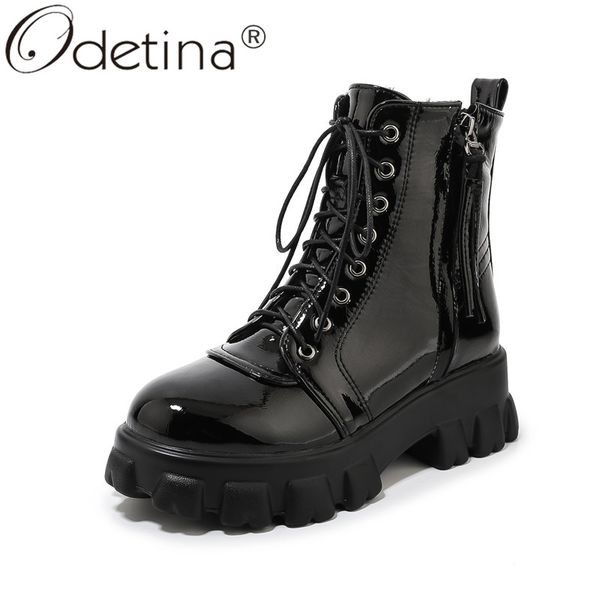 

odetina women platform fringe cross-tied zipper ankle boots mid strange style heel lace up round toe winter motorcycle boots, Black
