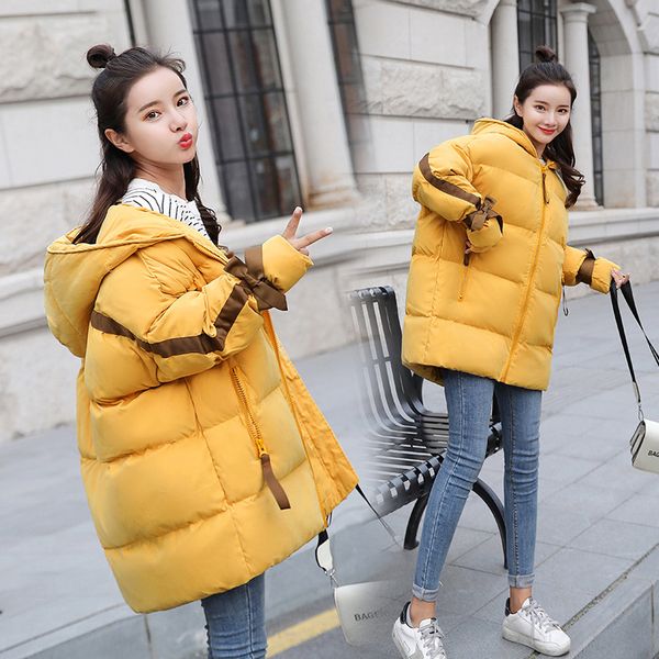 

winter new students hooded bread clothes wadded cotton women coat loose thick bf long cotton warm mujer bow parkas mz3287, Black