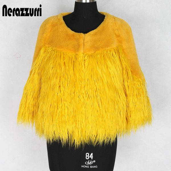 

nerazzurri yellow faux fur coat women o neck patchwork plush cropped warm luxury short shaggy hairy artificial fur jacket, Black