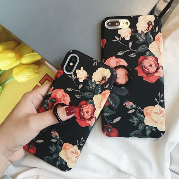 

roses print artistic style mobile phone case for iphone 11/11pro/11pro max 6 7 8 plus x xr xs mas frosted ring phone case wholesale