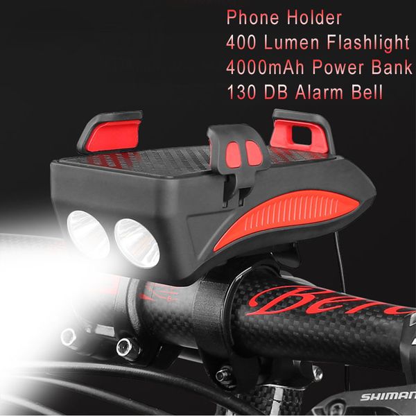 

4000mah 4 in 1 powerful bicycle headlight waterproof double bicycle lamp alarm bell led light with rechargeable battery
