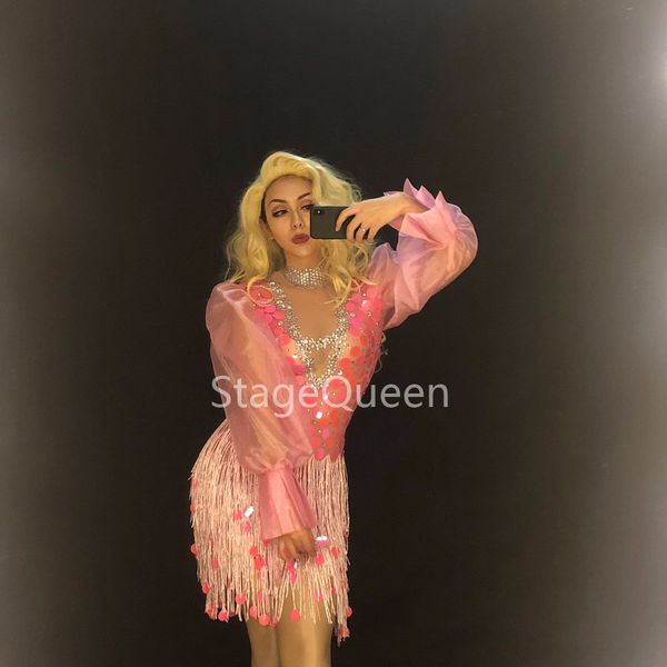 

women stage pink net yarn tassel dress full of sparkling paillette nightclub birthday party stage wear bling dance costumes, Black;red