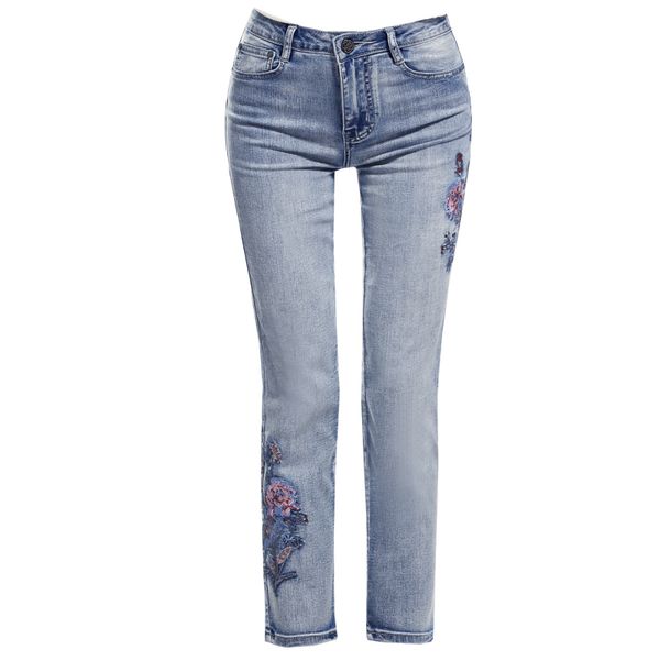 

2019 embroidery flower high waist jeans women streetwear harajuku elastic skinny casual pants women boyfriend 5xl, Blue