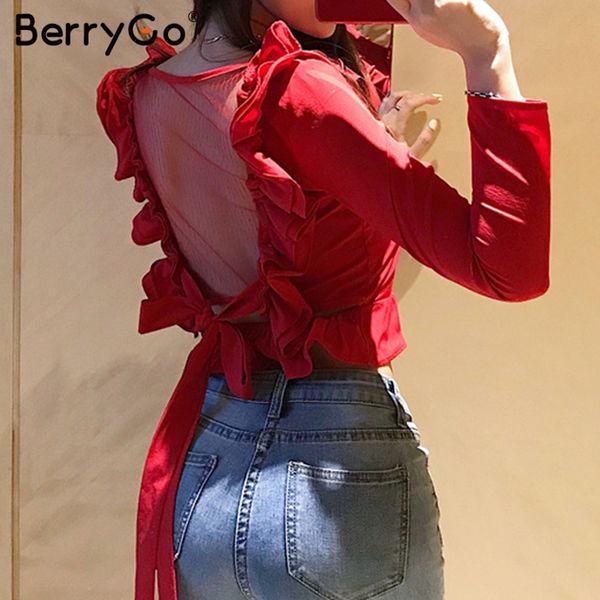 

women blouse shirt back mesh transparent blouse lace up peplum shirt elegant ruffle v-neck solid, White
