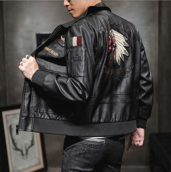 

fashion pu leather jacket motorcycle casual young men slim embroidery multi-pocket jacket baseball jacket u.s. flight suit leather, Black