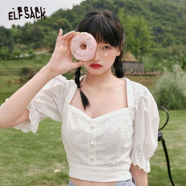 

elfsack белые выдалбливают кружева вскользь доярка блуза женщина 2020 tops crop лето elf puff рукав корейского девчушки vintage, White