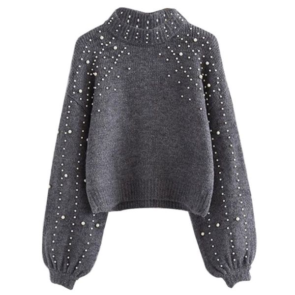 

2020 new women fashion lantern sleeve pearls knit winter warm sweaters ladies solid color o-neck loose slim fit short pullovers, White;black