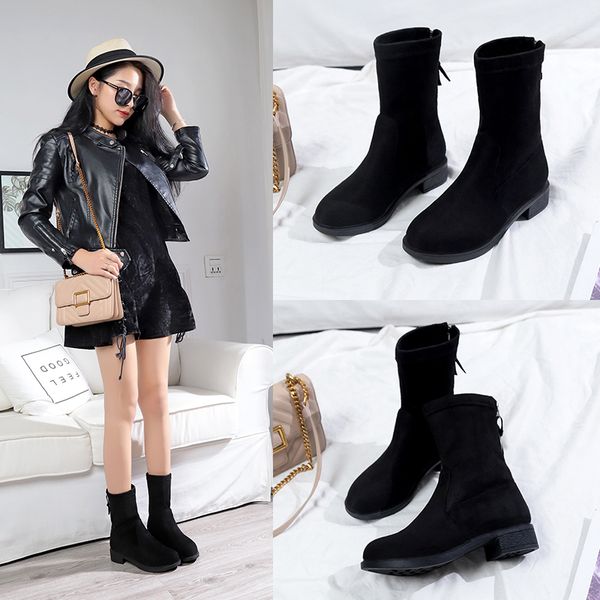 

2019 new sock boots zipper mid calf winter boots female pointed toe women square low heels autumn shoes woman black
