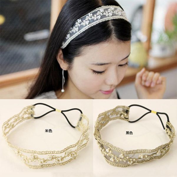 

new simulated pearl flower lace cloth linking black elastic hair bands fashion headbands accessories for women headwear