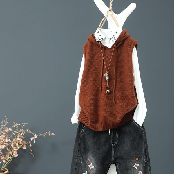 

autumn winter retro hoode women vest with drawtring new design literature loose thin fashion knitted sweater vest lady outwear, Black;white