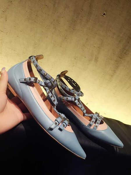 

leather stud strappy belt pointed flats shoes black blue