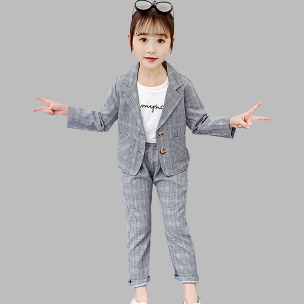 

kids clothes girl plaid jacket + pants 2 pcs teenage clothes casual blazers suit for girls spring autumn formal girls clothes t200414, White