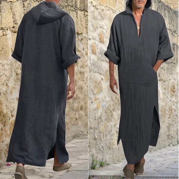 

mens этнические одеяния сыпучие твердая с длинным рукавом с капюшоном сыпучие vintage платье кафтан robe, Red