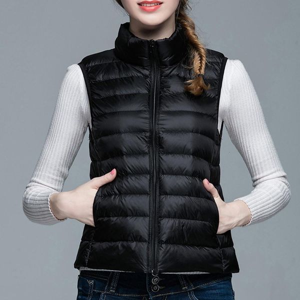

women's standing collar short paragraph leisure lightweight down vest fashion winter pocket solid warm ladies clothes, Black;white