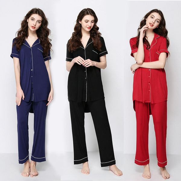 

summer women's modal short-sleeved pajamas and trousers two-piece suit large size thin section causal home clothes pijama, Black;red