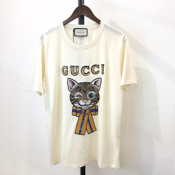 

2020 italian summer and spring sequins alphabet cat print color t-shirt fashion men and women casual cotton breathable slim tee, White;black