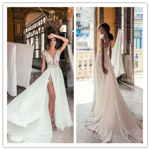 

julie vino a line wedding dress with high split deep v neck illusion lace applique bridal gowns custom made, White