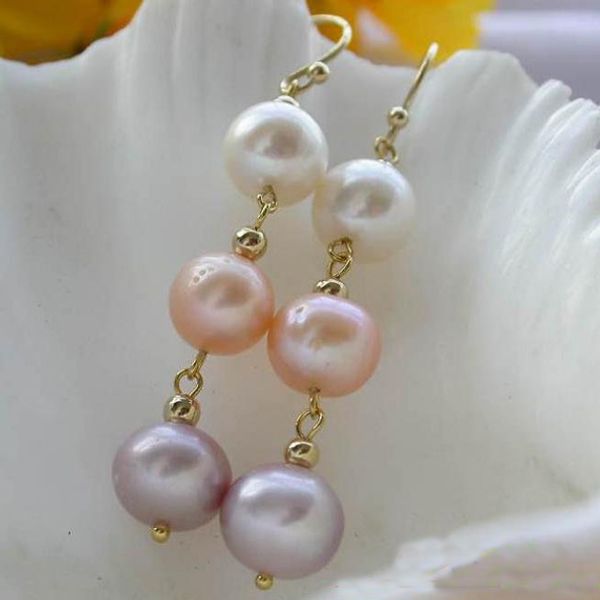 

unique pearls jewellery store 10mm white pink lavender real pearl dangle earring charming women gift jewelry fast shipping, Golden;silver