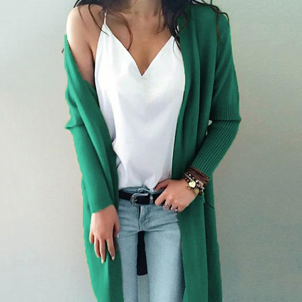 

new women autumn long knitted outerwears long sleeve v-neck pockets coats solid casual elegant cardigans fashion open stitch, White