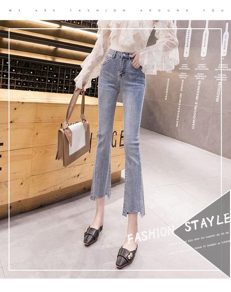 

светло-голубой tall талии web celebrity нерегулярные straight длинные брюки, Blue