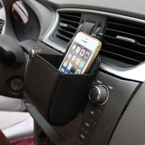 

hanging car styling car ventilation pu leather mobile phone holder storage bag organizer case