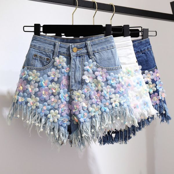 

deat 2020 spring summer new rhinestone sequin flower beaded tassel jeans women fashion high waist denim shorts mf888, White;black