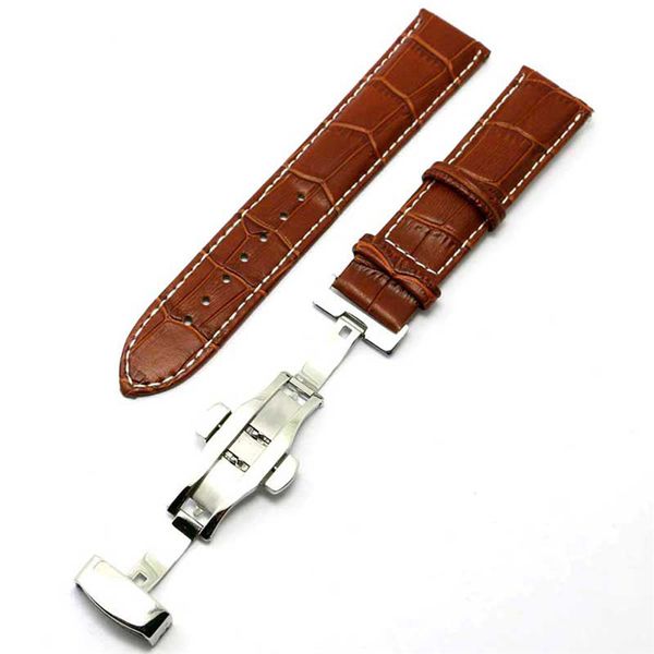 

high clasp strap 20mm 22mm 18mm brown black leather band wristwatch quality replacement push hidden bars bracelet button spring watch tqhkn, Slivery;brown