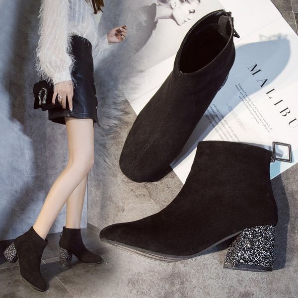 

classics fashion womens boots ankle short med pointed toe vintage boots bling solid zip winter big size shoes, Black