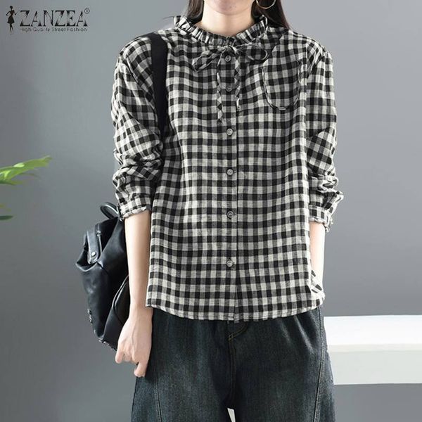 

plus size women's check blouse 2020 zanzea kaftan spring shirts casual long sleeve ruffle female button down blusas 5xl, White